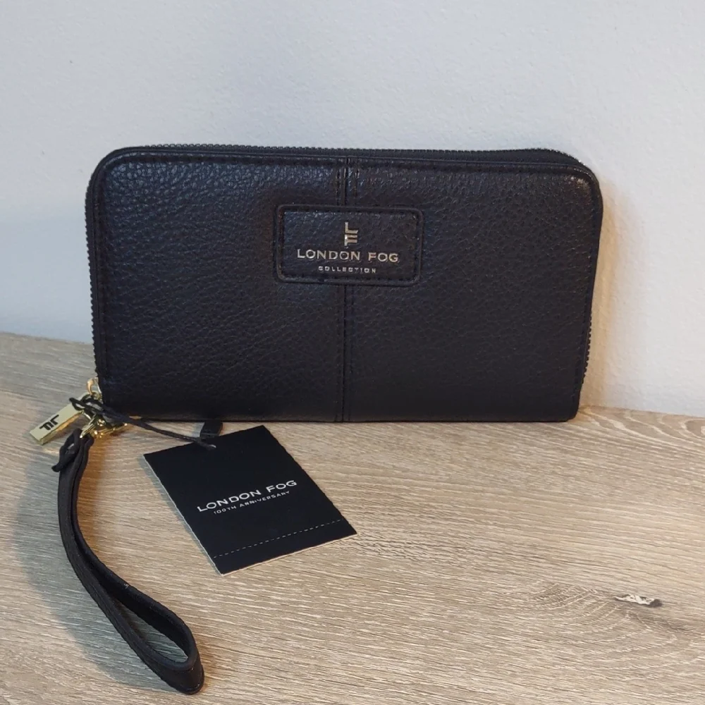 London Fog Adalia Black Pebble Zip Around Wallet NWT
